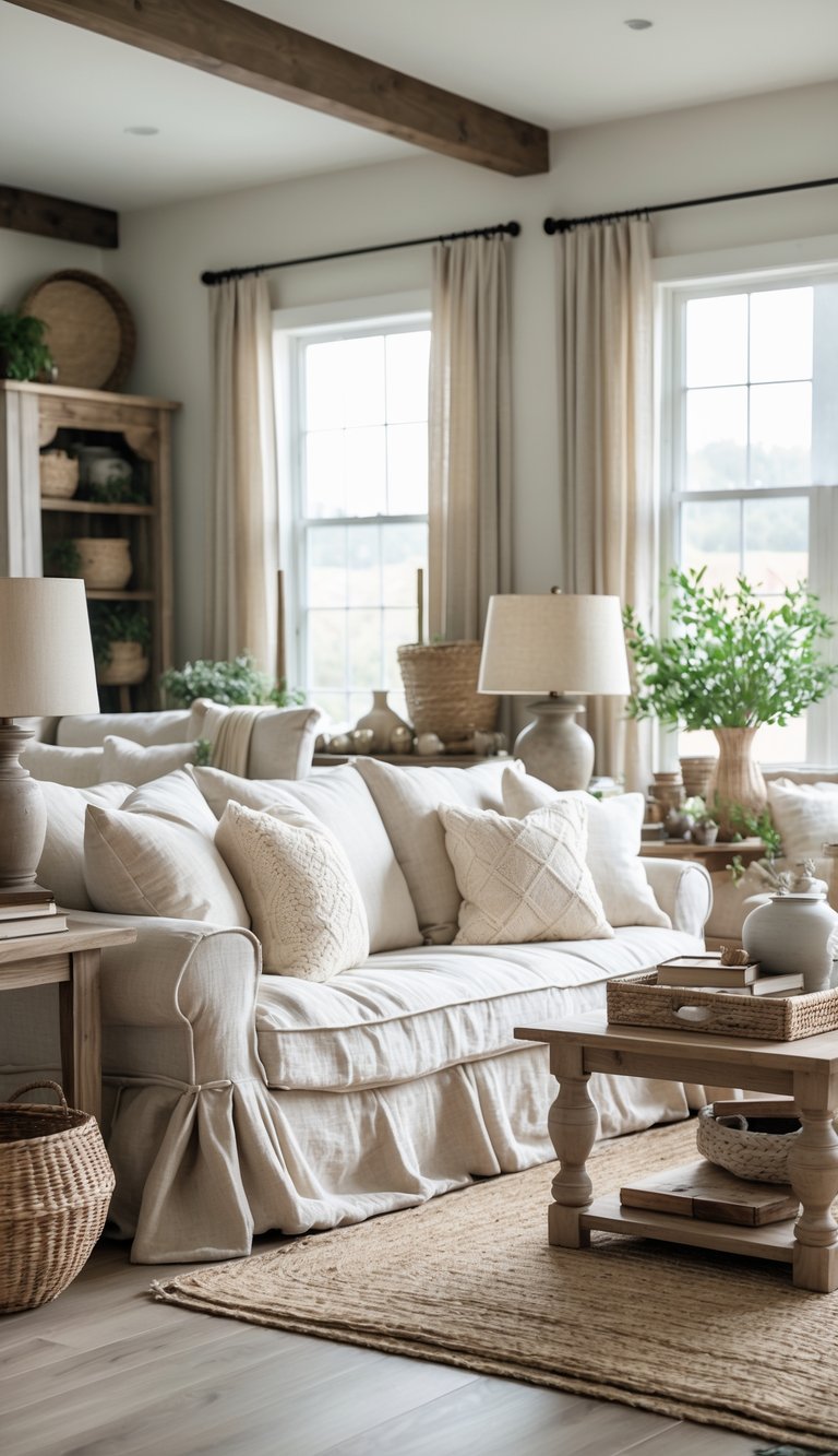 A cozy living room with sofas covered in linen slipcovers, wooden furniture, plants, and natural light.