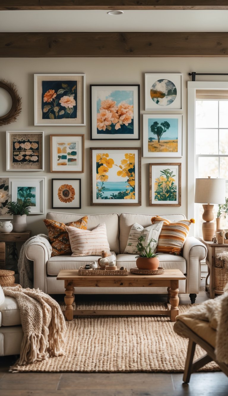 A cozy living room with a sofa and a wall decorated with various framed artworks.
