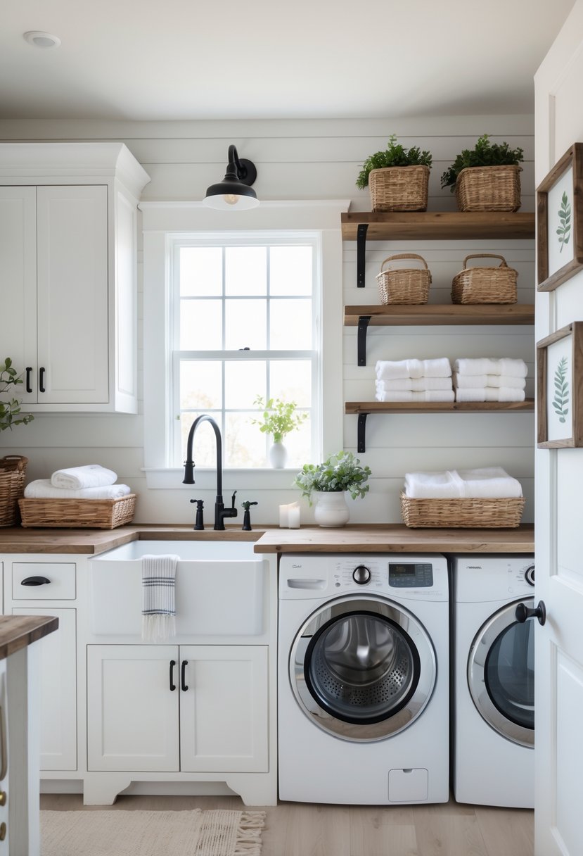 A bright laundry room with a washer and dryer, sink, shelves with towels and plants, and wooden floors.