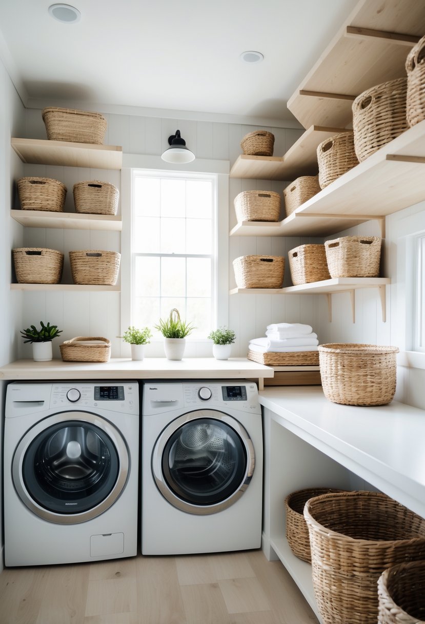 A bright laundry room with open wooden shelves holding woven baskets above a white washing machine and dryer.