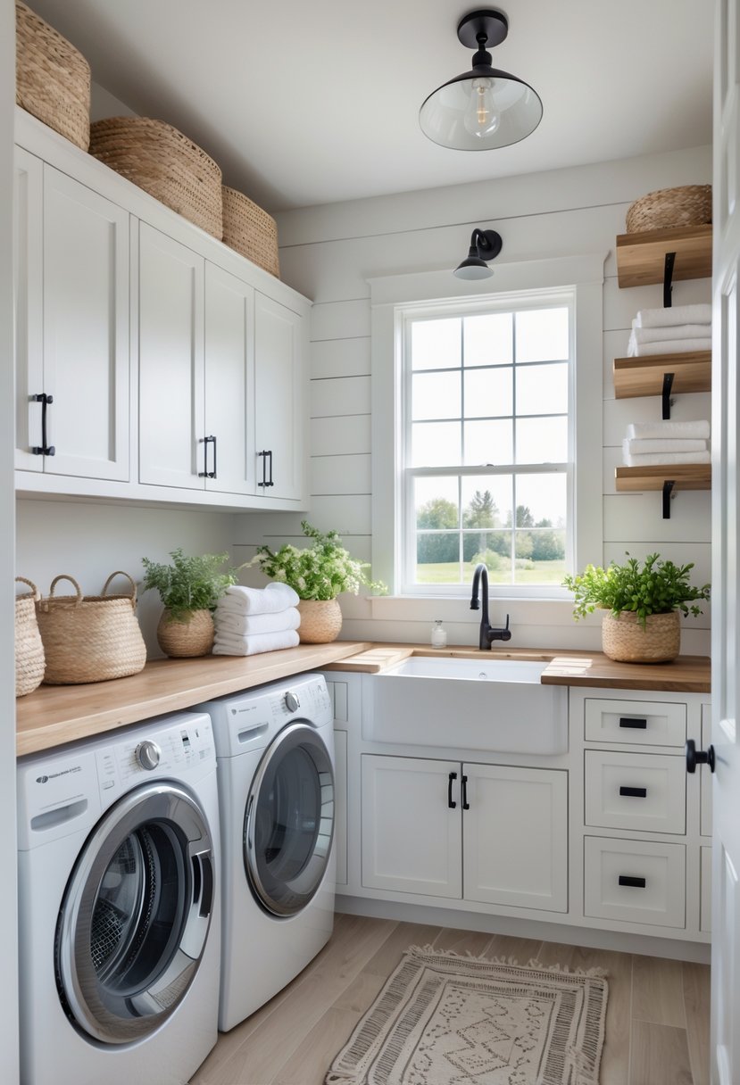 A bright laundry room with paneled cabinet doors, a washing machine, dryer, wooden countertop, and decorative plants.