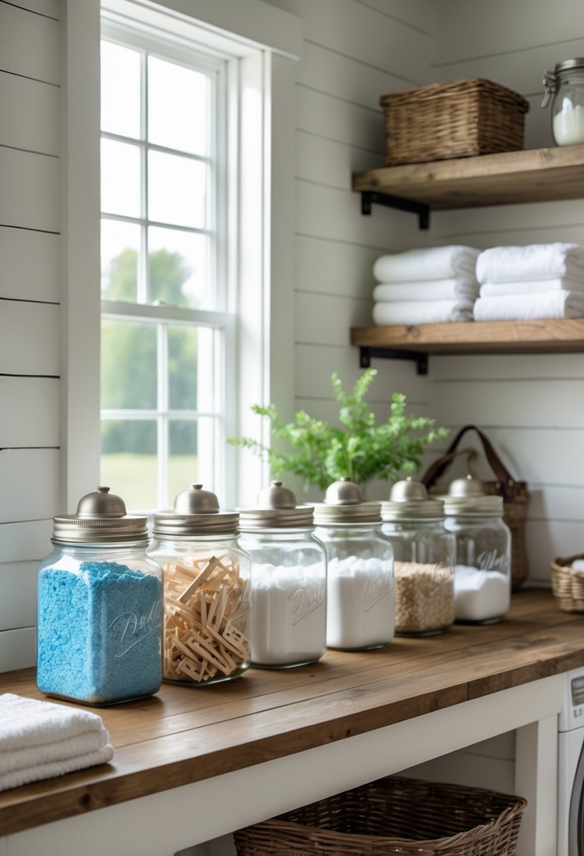 A set of glass mason jars filled with laundry supplies on a wooden shelf in a bright laundry room.