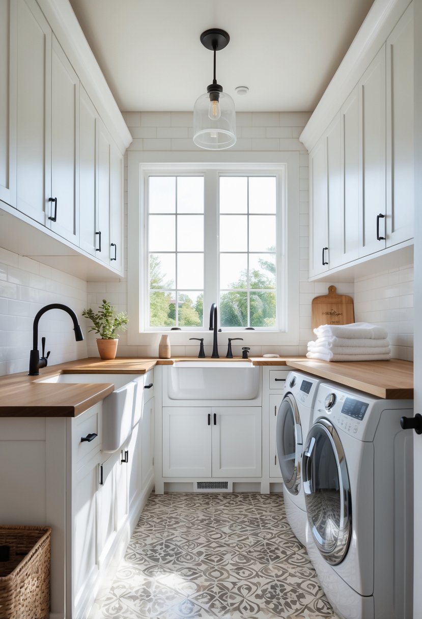 A bright laundry room with patterned tile flooring, white cabinets, a farmhouse sink, and a washer and dryer.