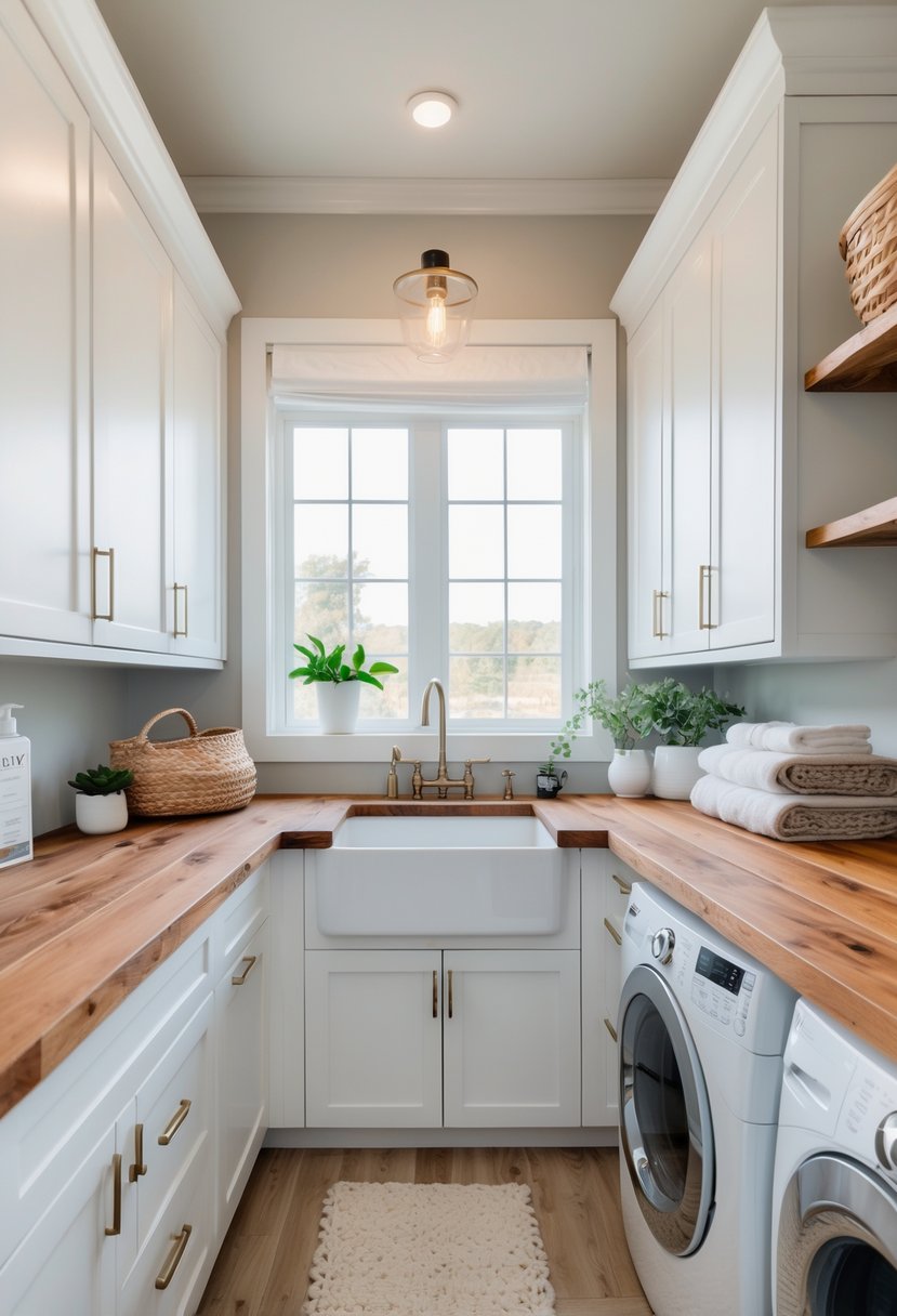 A bright laundry room with wooden countertops, white cabinets, a farmhouse sink, and stainless steel appliances.