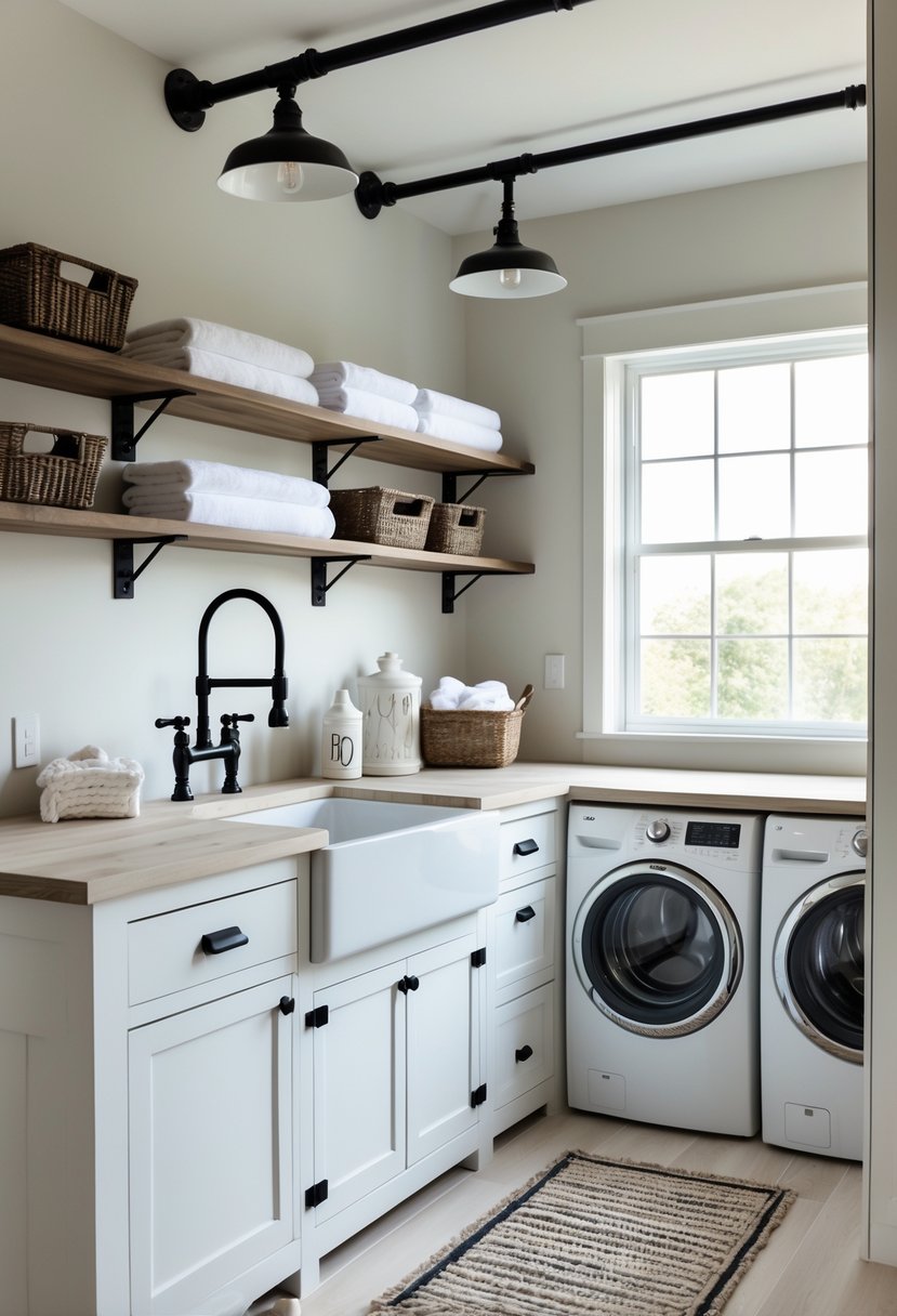 A laundry room with a white sink, washer and dryer, black metal fixtures, white cabinets, and shelves with towels.
