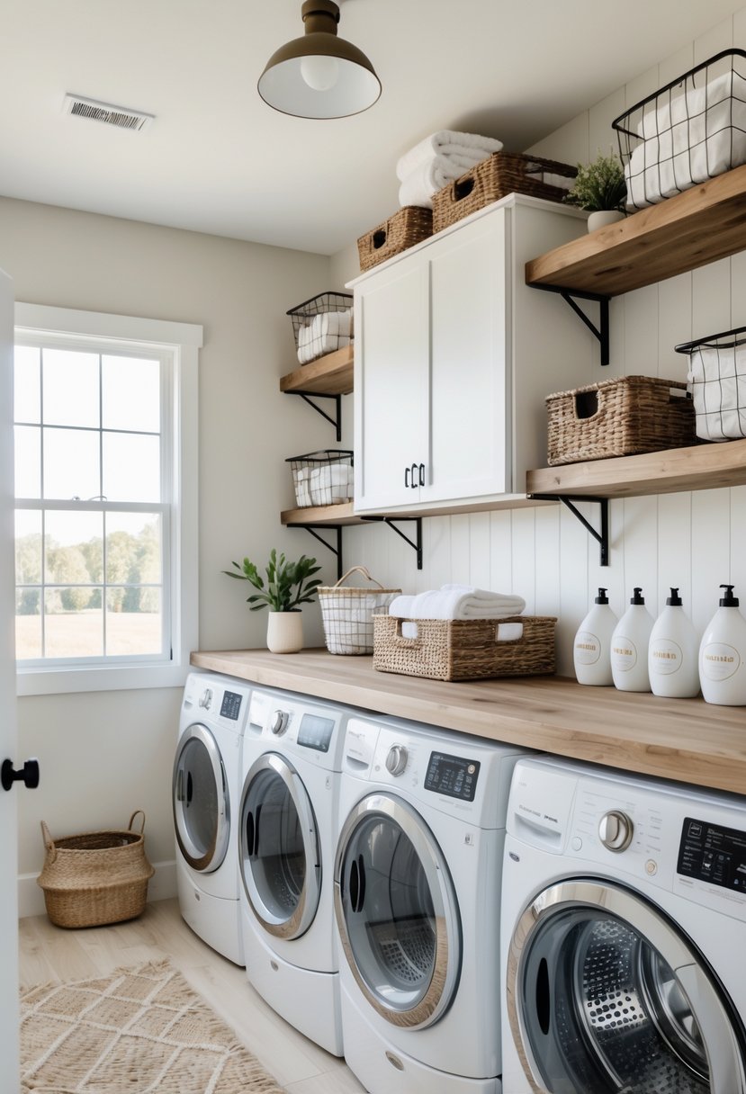 A bright laundry room with three white front-loading washers side by side, wooden countertops, shelves with laundry supplies, and plants.