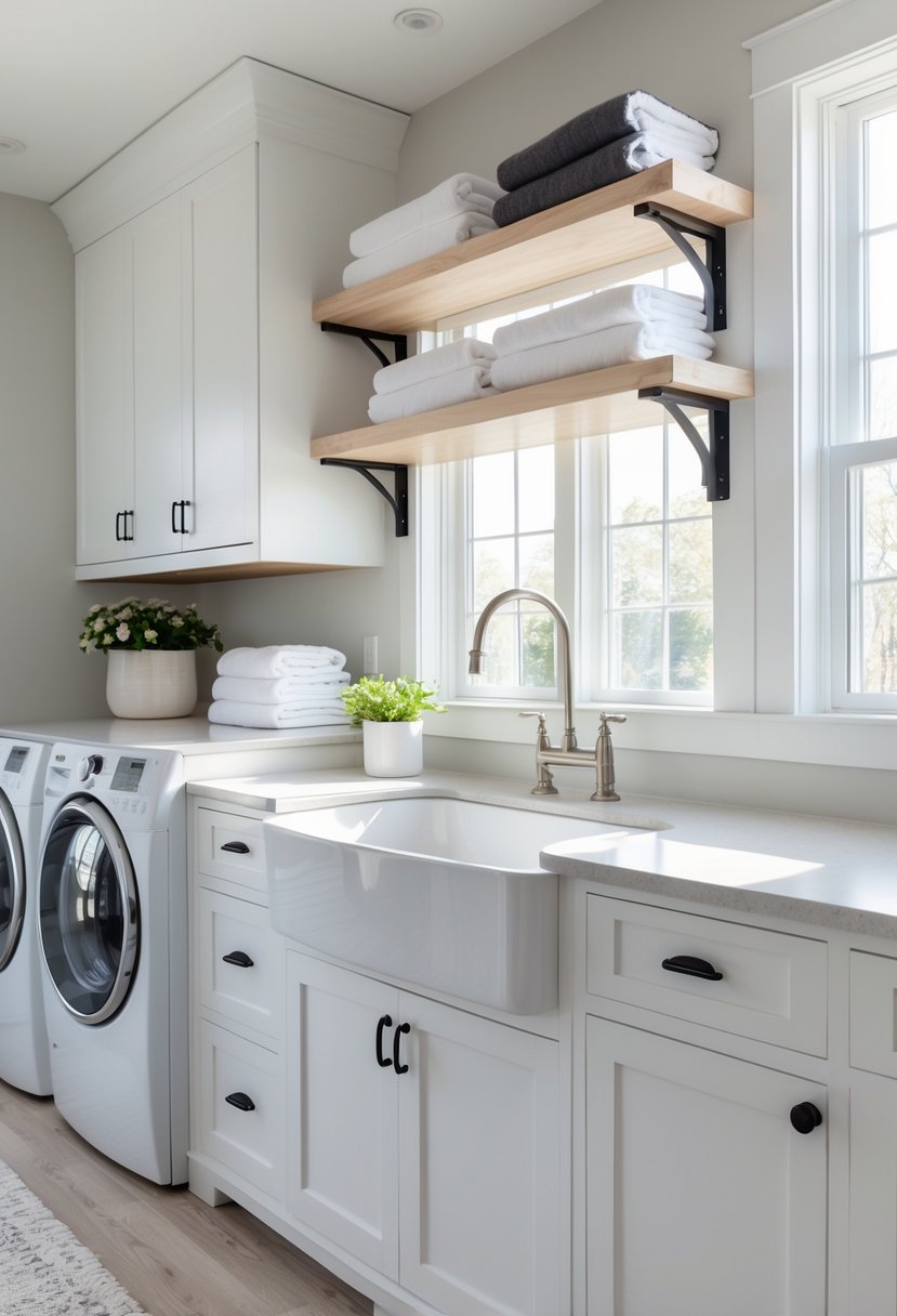 A bright laundry room with a large white farmhouse sink, washer and dryer, cabinets, and shelves with laundry supplies.