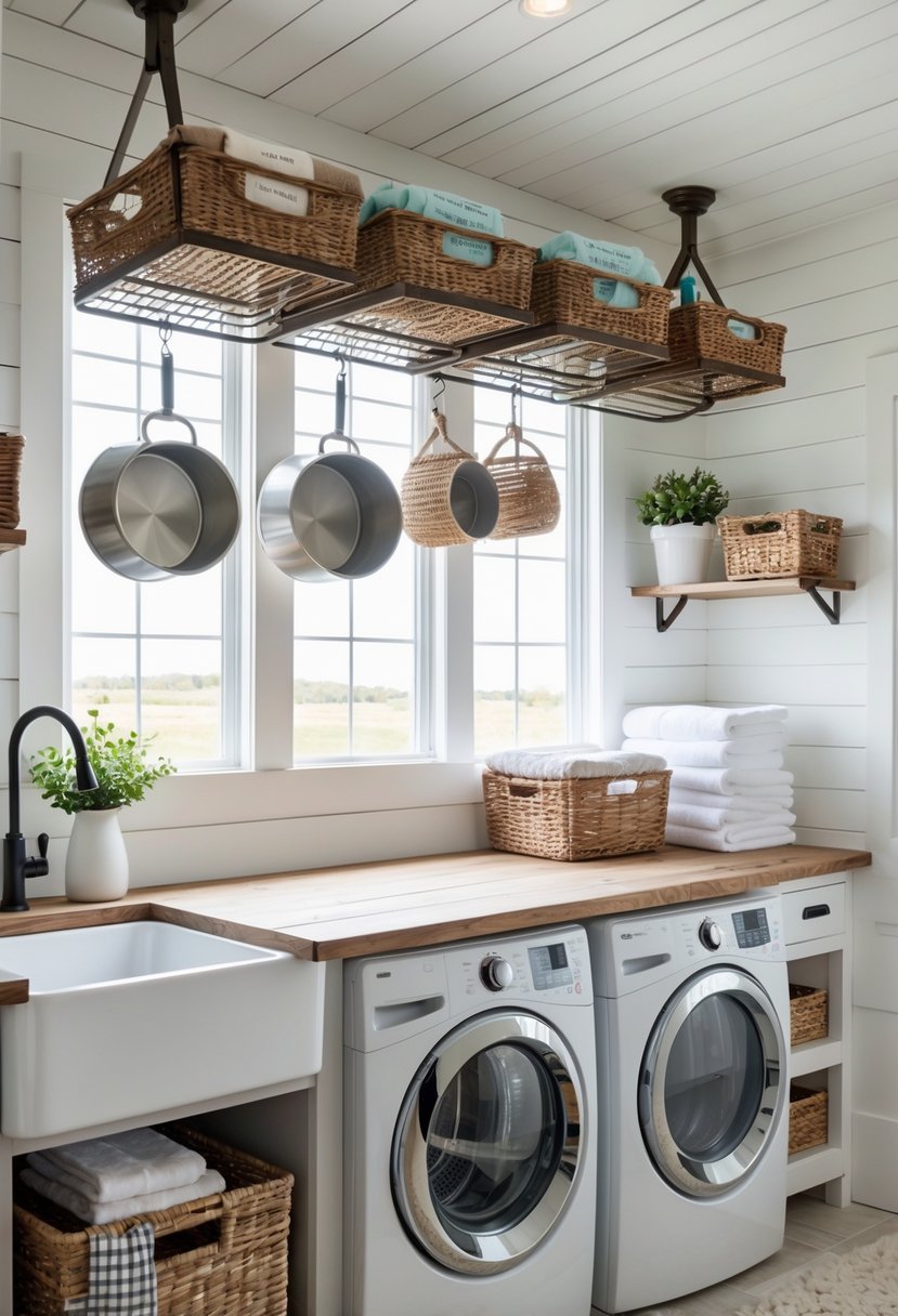 Laundry room with hanging pot racks used to store laundry tools above a farmhouse sink and washing machines.