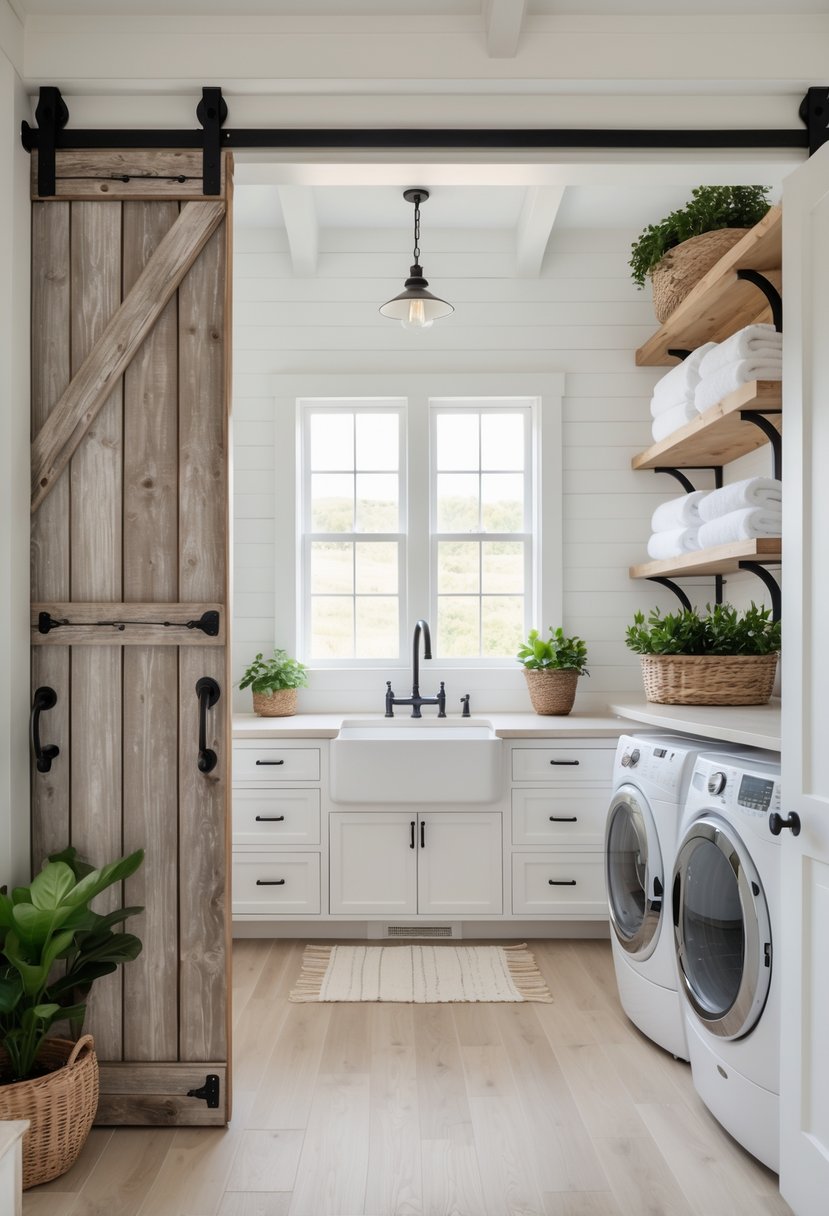 A laundry room with sliding wooden barn doors, a washing machine and dryer, white cabinets, and shelves with folded towels and plants.