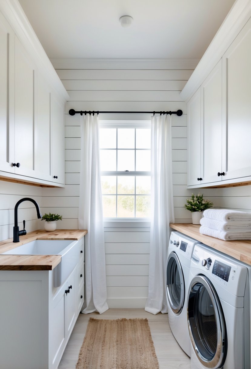 A bright laundry room with white paneled walls, a farmhouse sink, washer and dryer, wooden countertop, and a small plant.