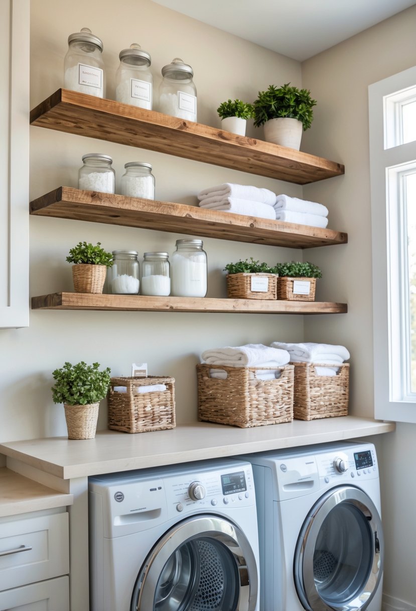 Laundry room with floating wooden shelves holding laundry supplies above a washer and dryer.