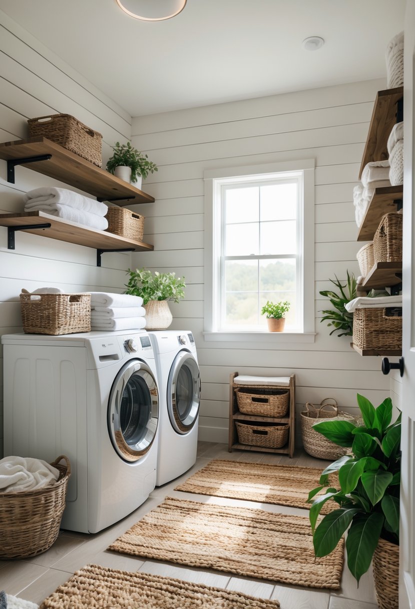 Bright laundry room with washer and dryer, wooden shelves, woven rugs on the floor, and potted plants.