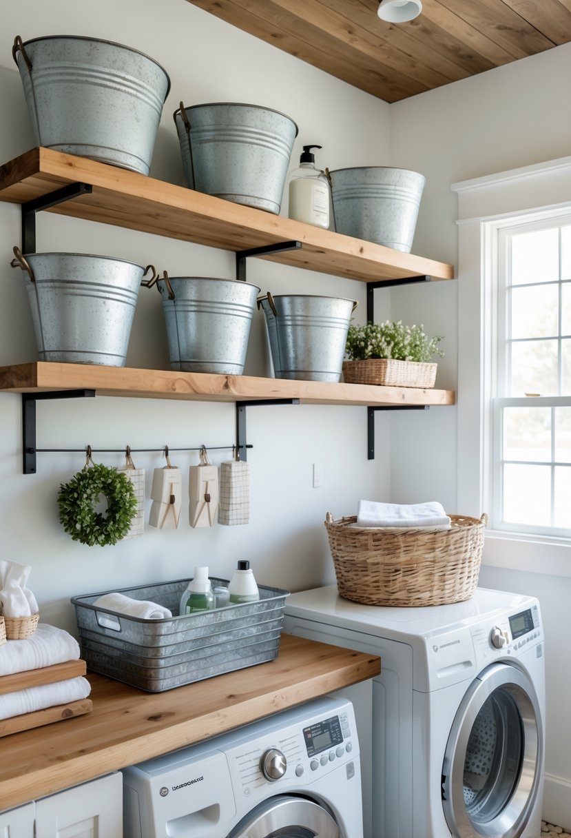 Laundry room with metal buckets on shelves holding laundry supplies and a washing machine nearby.