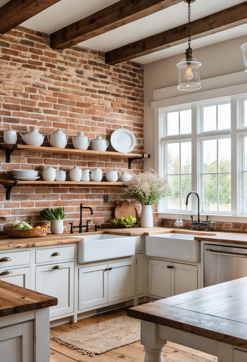 A farmhouse kitchen with a brick backsplash, white cabinets, wooden shelves, and a kitchen island with fresh vegetables and flowers.