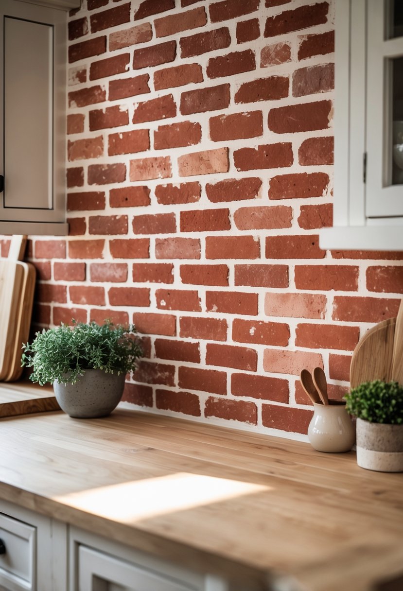 A kitchen with a red brick backsplash and a light-colored countertop with kitchen items nearby.