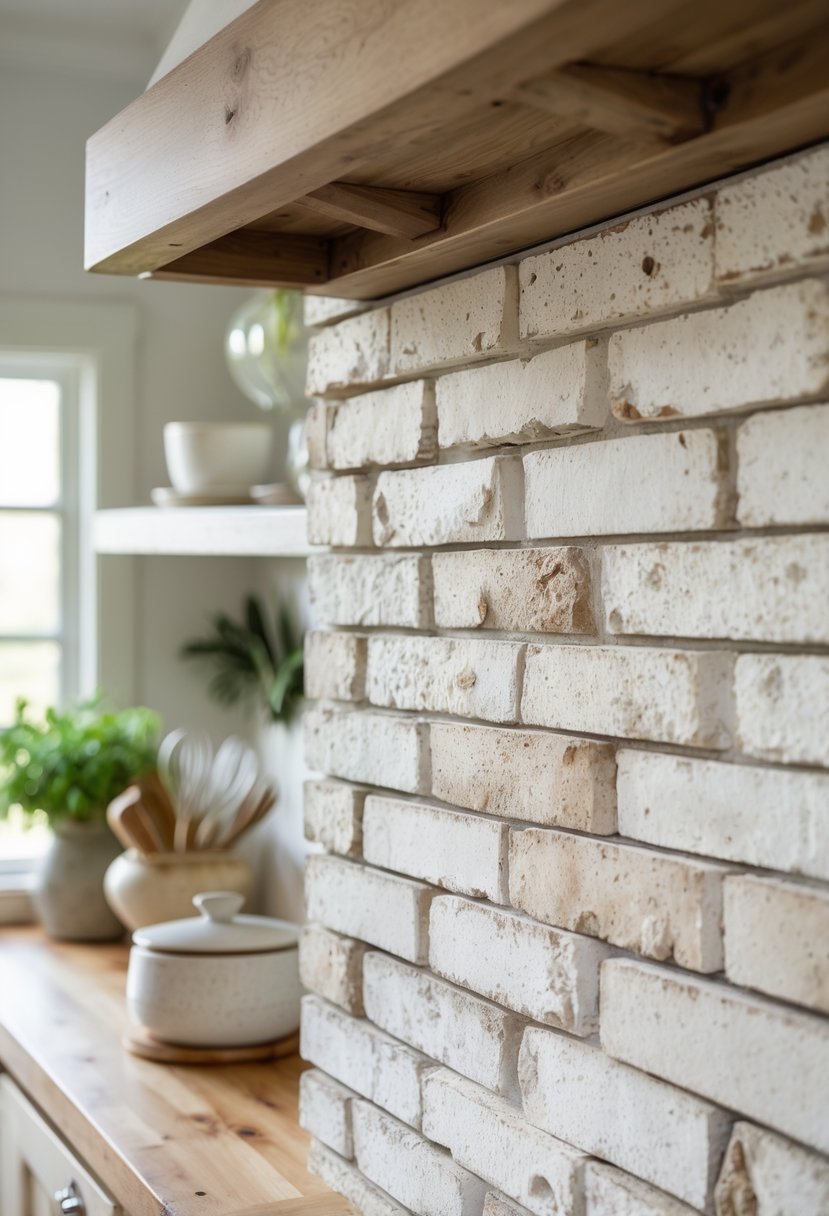 Close-up view of a whitewashed weathered brick backsplash in a farmhouse kitchen with a wooden countertop and kitchen accessories.