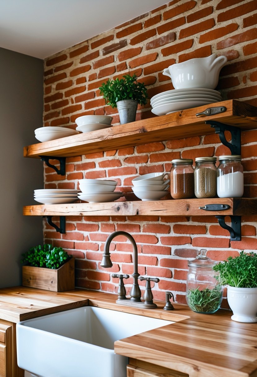 A farmhouse kitchen with a red brick wall backsplash, wooden shelves holding dishes and herbs, and a wooden countertop with a white sink.