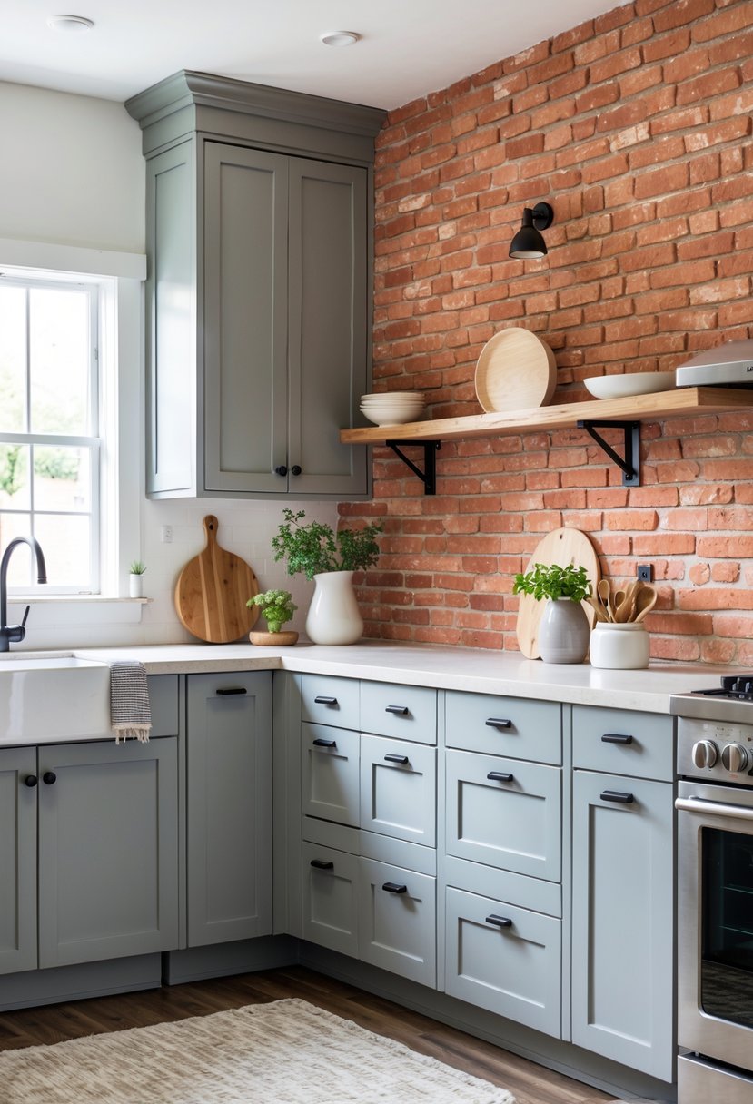 A kitchen with gray cabinets and a red brick backsplash.