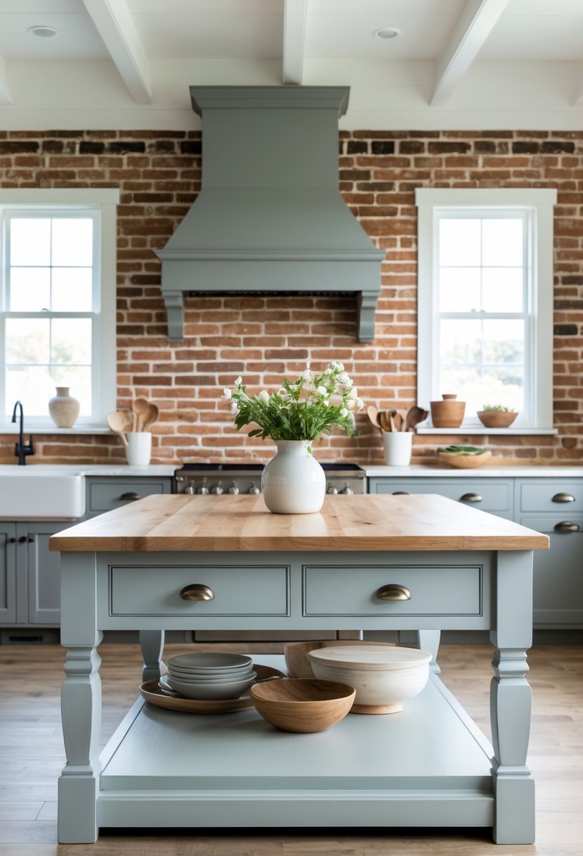A kitchen with a painted wooden island and a brick backsplash wall.