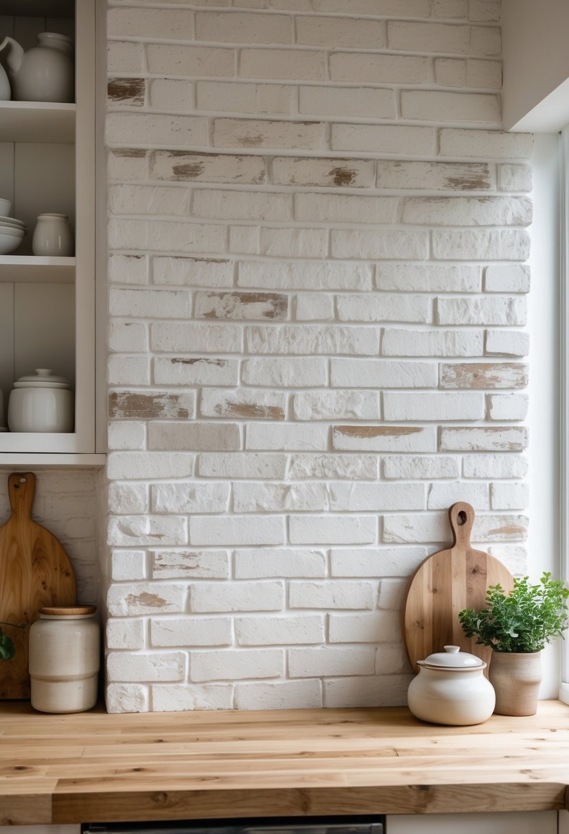 A kitchen countertop with a white brick backsplash and wooden counter, decorated with jars, cutting boards, and a small plant.