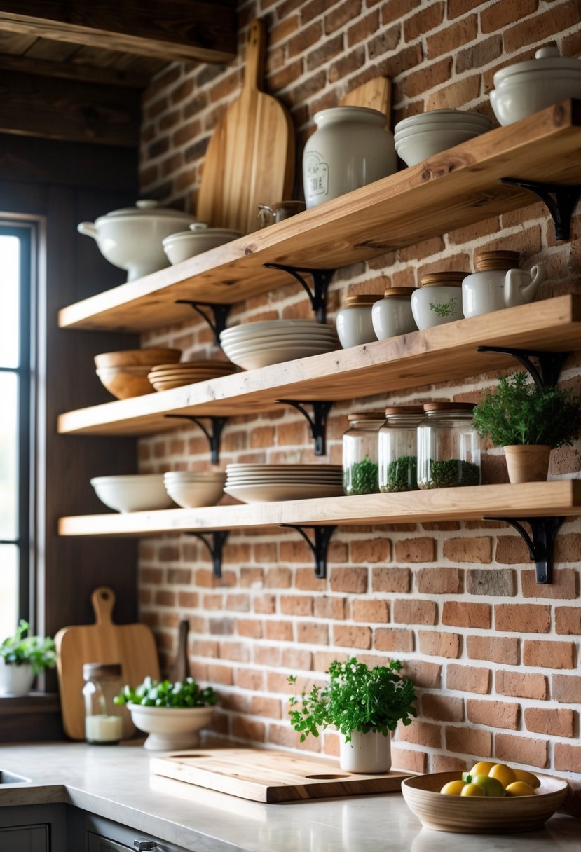 A farmhouse kitchen with a brick backsplash and open wooden shelves holding dishes and kitchen items.