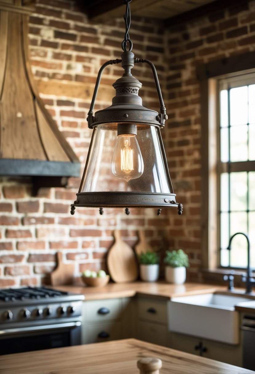 A kitchen with an antique pendant light hanging above a countertop and a brick backsplash in the background.