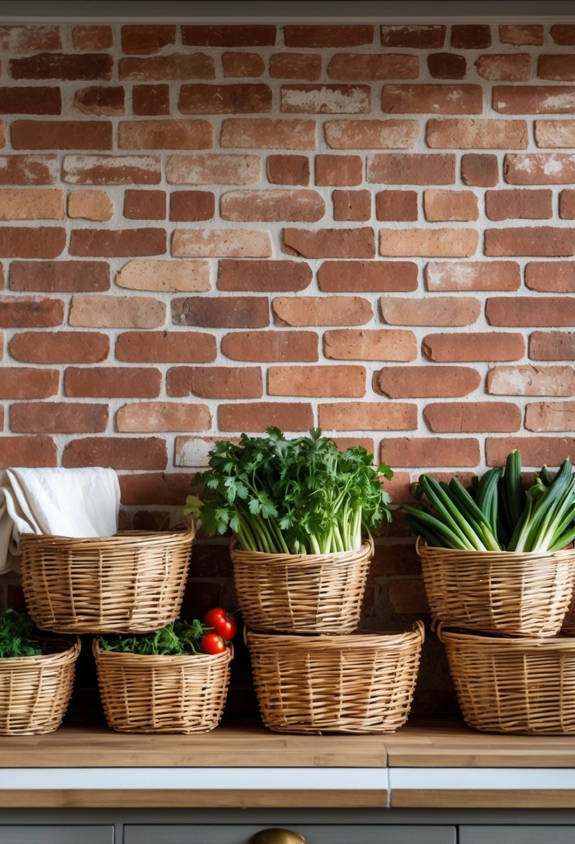 A kitchen countertop with a brick backsplash and several wicker baskets holding kitchen items.