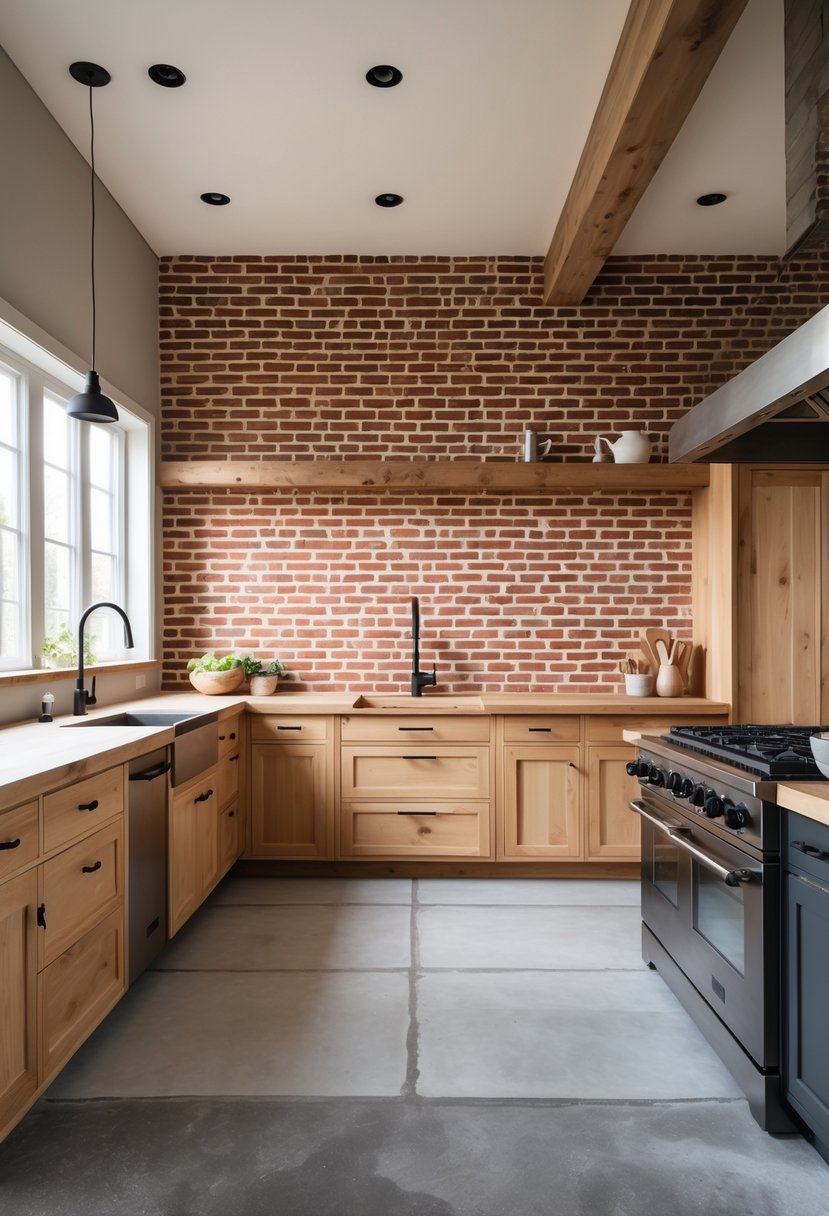 A farmhouse kitchen with a smooth concrete floor and a red brick backsplash behind wooden cabinets and a light countertop.