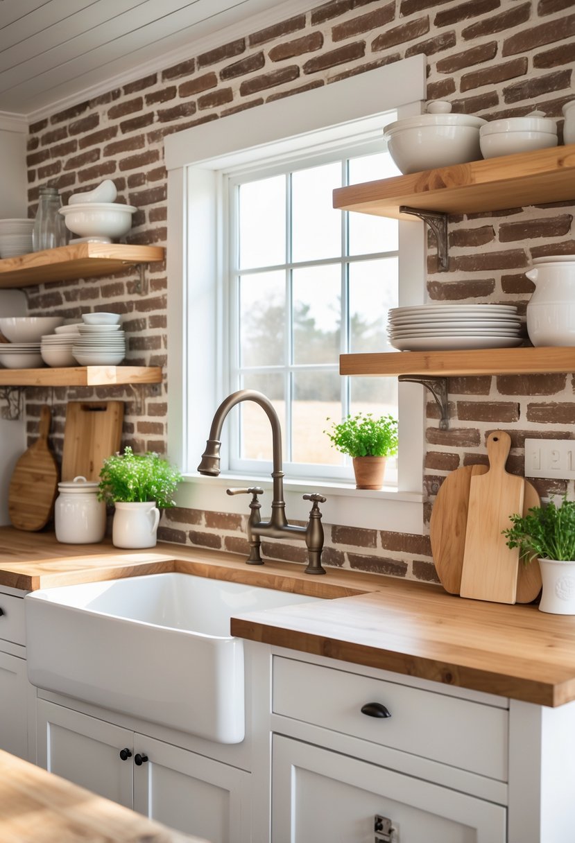 A bright farmhouse kitchen with a brick backsplash, white walls, wooden countertops, and kitchenware on open shelves.