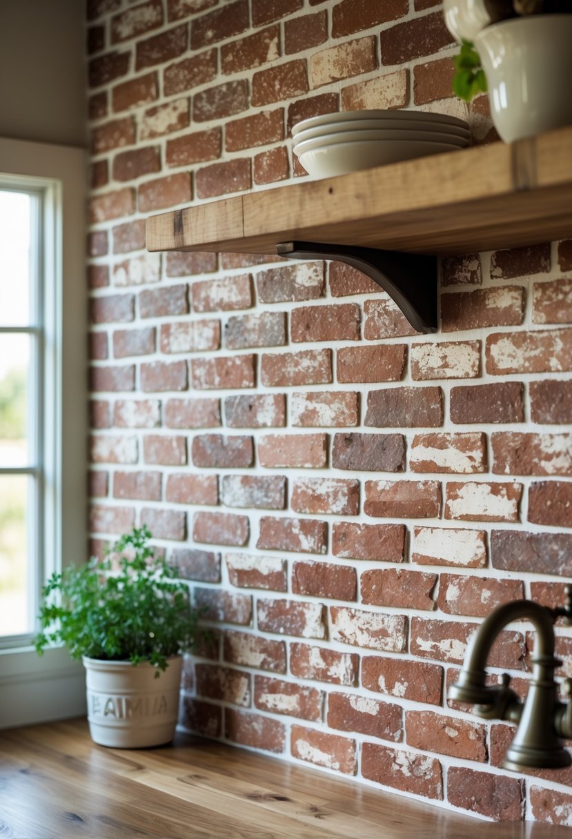 A farmhouse kitchen with a distressed brick tile backsplash behind a wooden countertop and kitchen accessories.