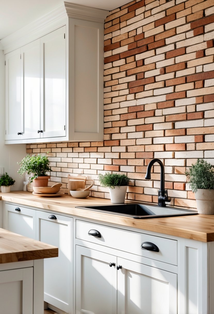 A farmhouse kitchen with white cabinets, wooden countertops, and a stacked brick backsplash in warm earthy tones.