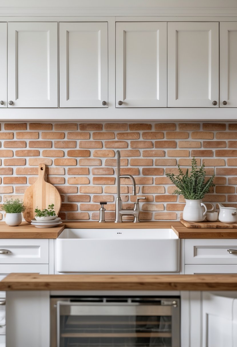 A farmhouse kitchen with a smooth brick backsplash behind a sink, white cabinets, and wooden countertops.