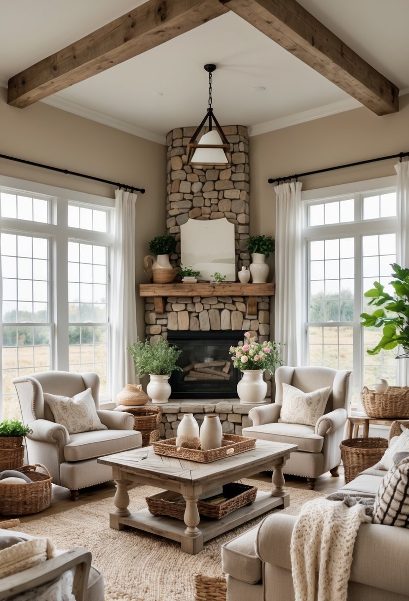 A cozy living room with a stone fireplace, wooden beams, comfortable seating, and natural light coming through large windows.