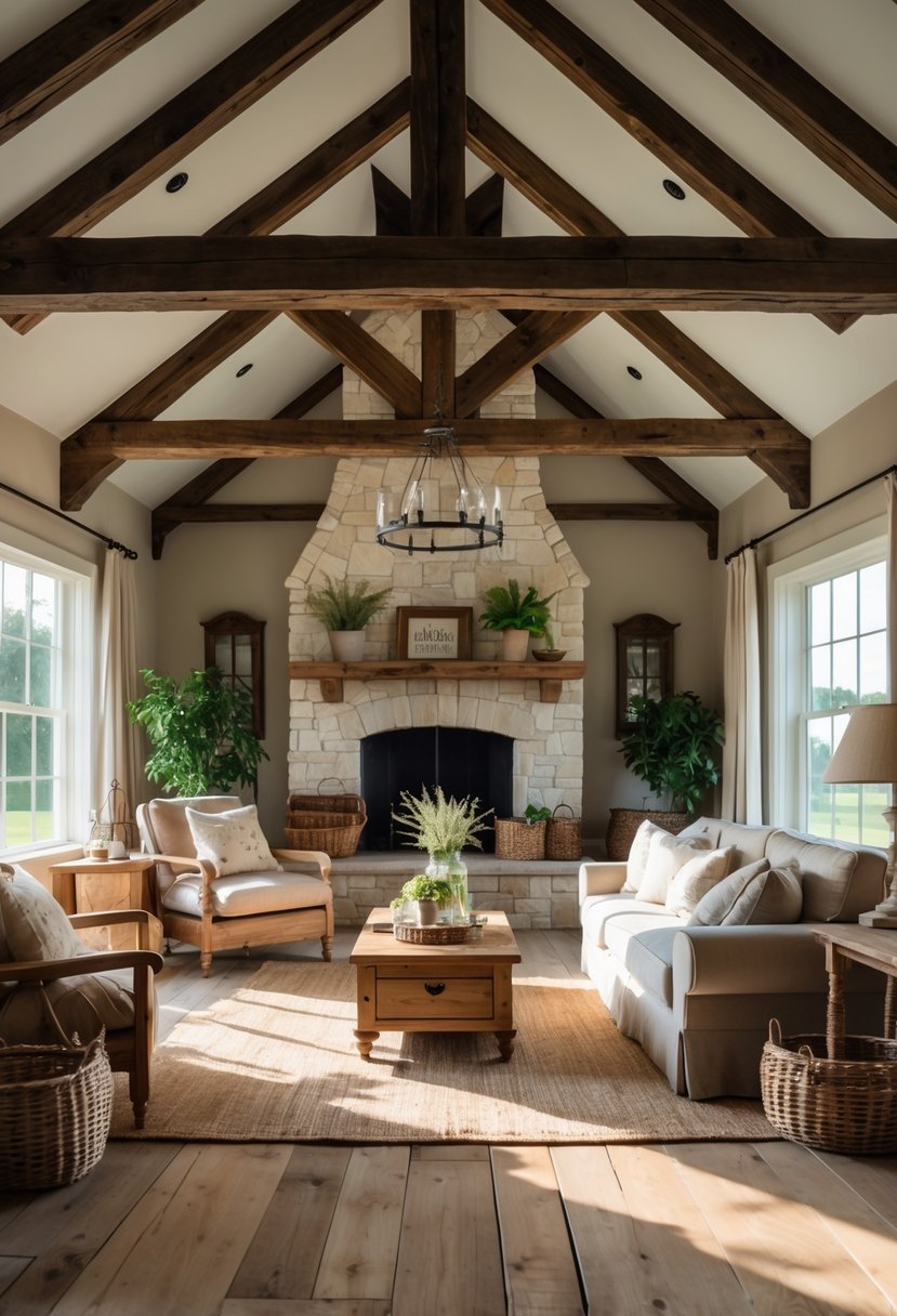 A country farmhouse living room with exposed wooden ceiling beams, a sofa, coffee table, large windows, and a fireplace.