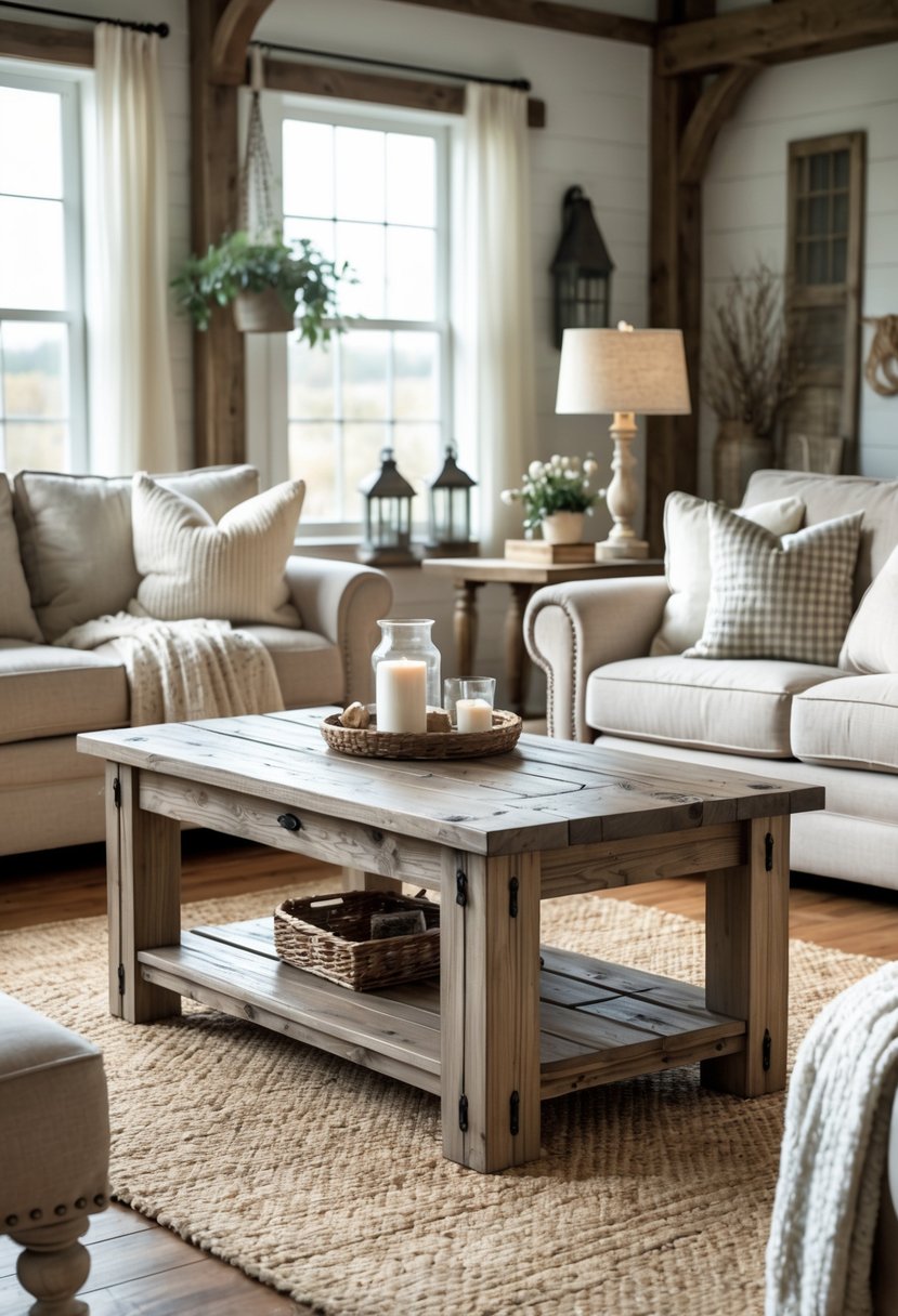 A distressed wood coffee table in the center of a living room with sofas, a rug, and natural light coming through windows.