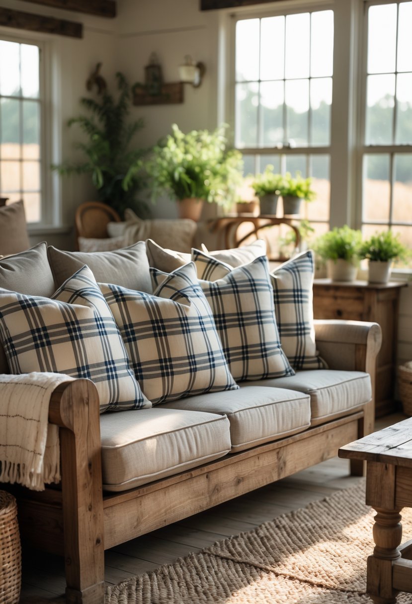 A living room with plaid throw pillows on a wooden sofa, natural light, and farmhouse decor.