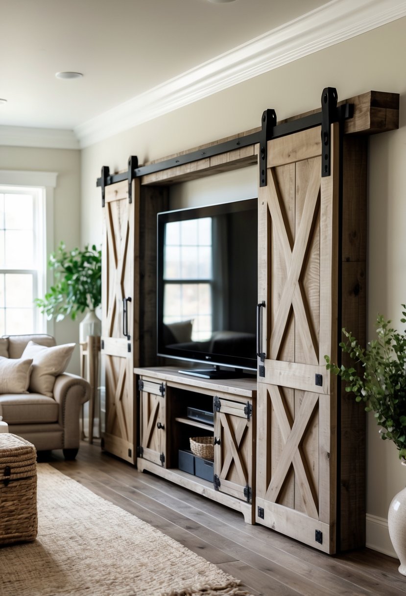 Living room with a wooden barn door TV stand, sofa, rug, and decorative plants.