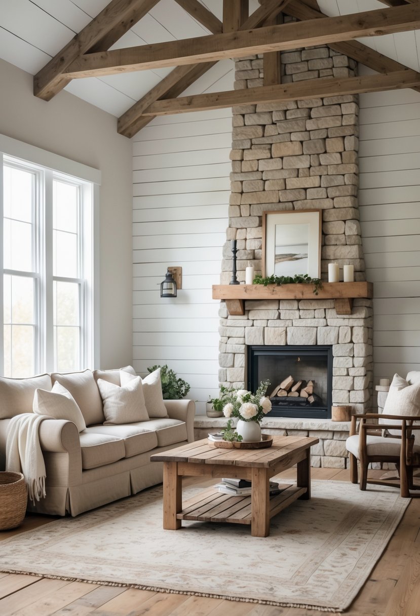 A living room with a white shiplap wall, a beige sofa, wooden coffee table, stone fireplace, and natural light coming through windows.