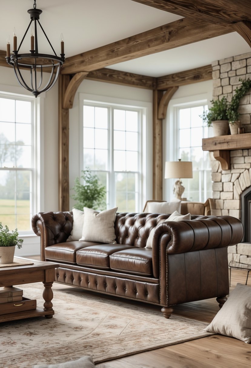A spacious living room with a dark brown leather sofa, wooden floors, a coffee table, and natural light coming through large windows.