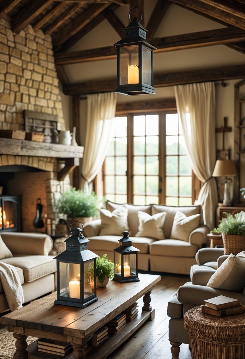 A cozy living room with vintage metal lanterns, wooden beams, a stone fireplace, and comfortable seating.