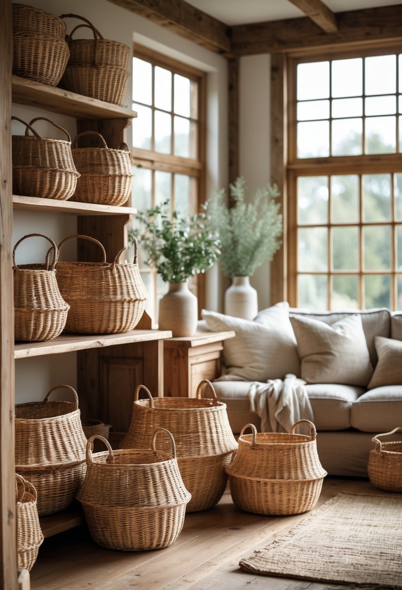 A living room with woven rattan baskets arranged on wooden shelves and the floor, surrounded by rustic furniture and plants.