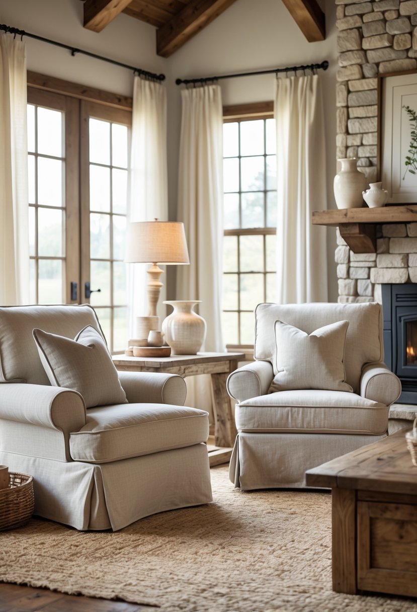 A living room with two slipcovered armchairs facing each other and a wooden coffee table between them.