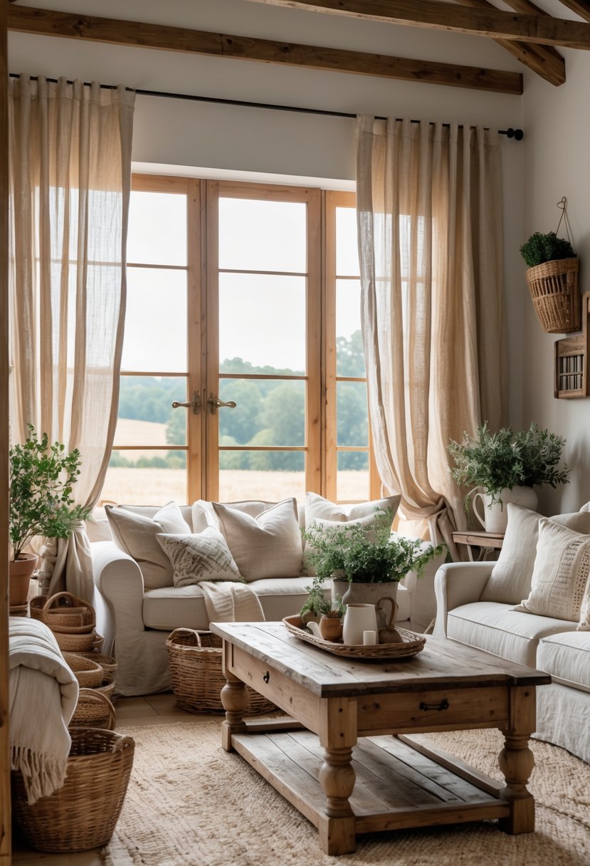 A living room with natural linen curtains letting in soft light, a wooden coffee table, comfortable seating, and plants.