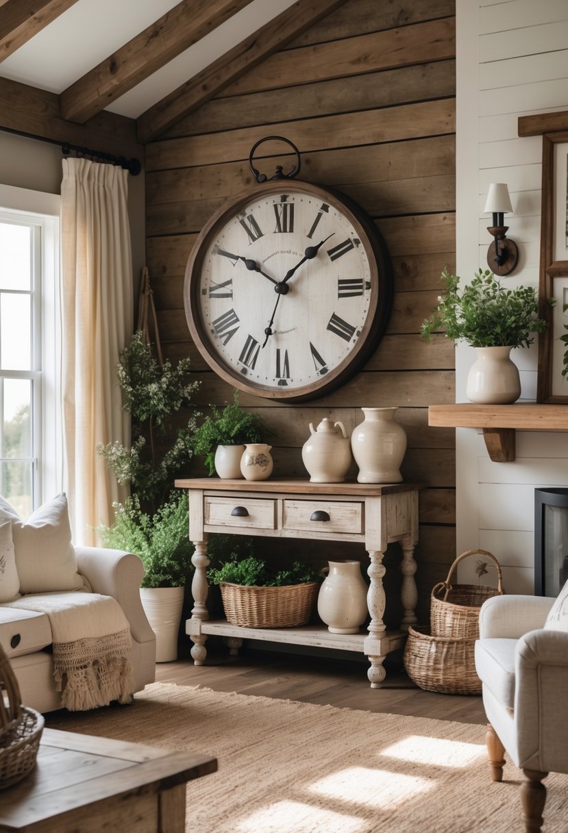 A living room with an antique clock on a wooden wall, wooden furniture, plants, and soft natural lighting.