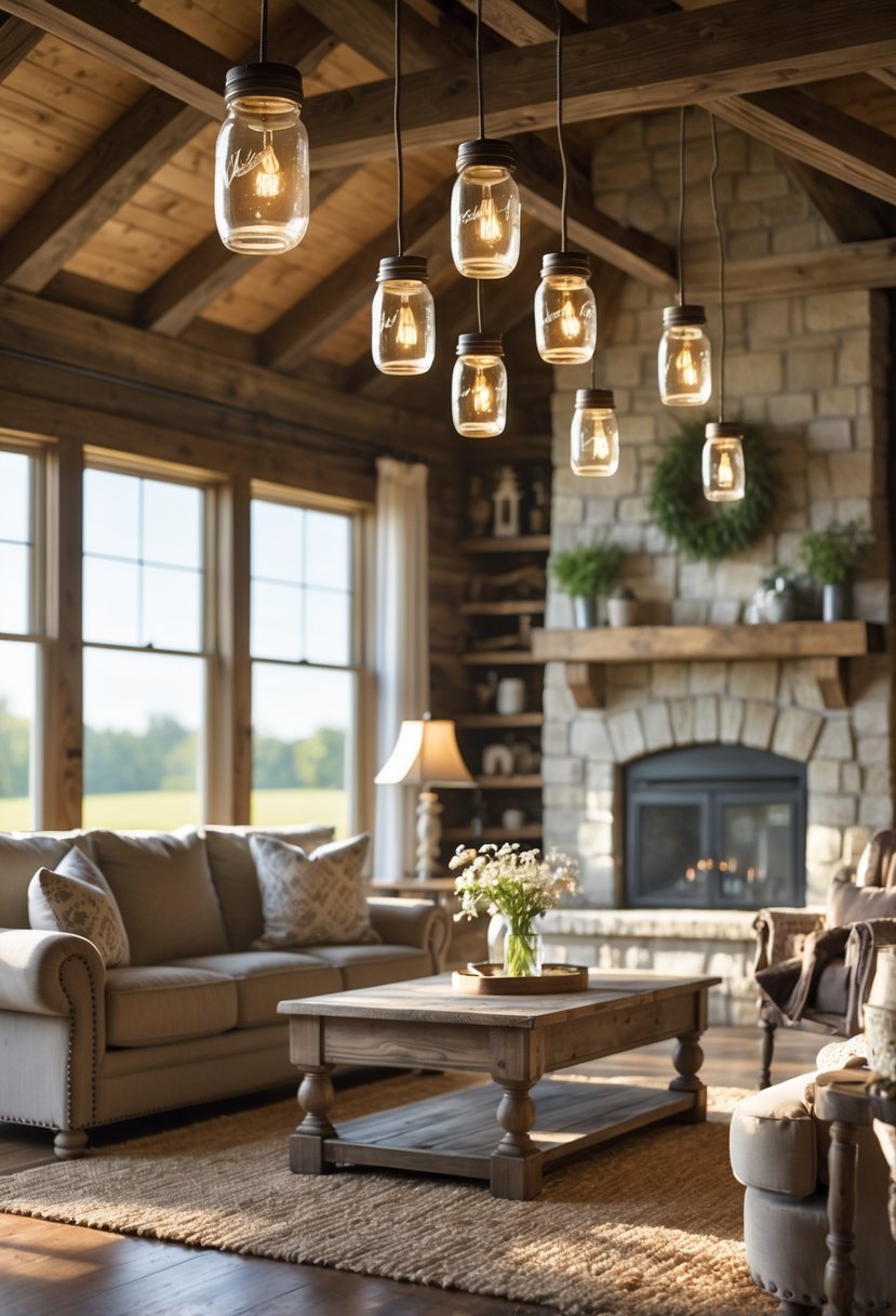 A cozy living room with wooden beams, a stone fireplace, comfortable furniture, and mason jar light fixtures hanging from the ceiling.