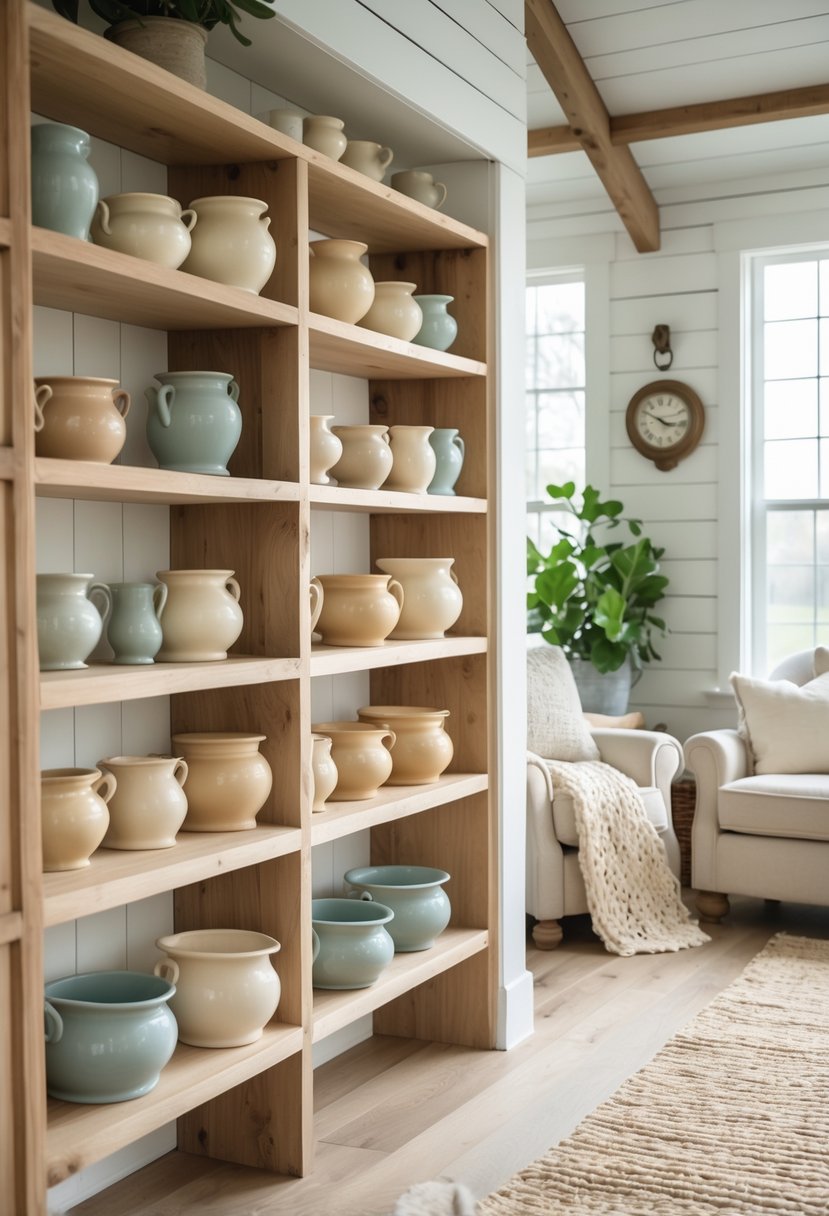 Open wooden shelves filled with ceramic crocks in a living room with a cozy armchair and natural light.
