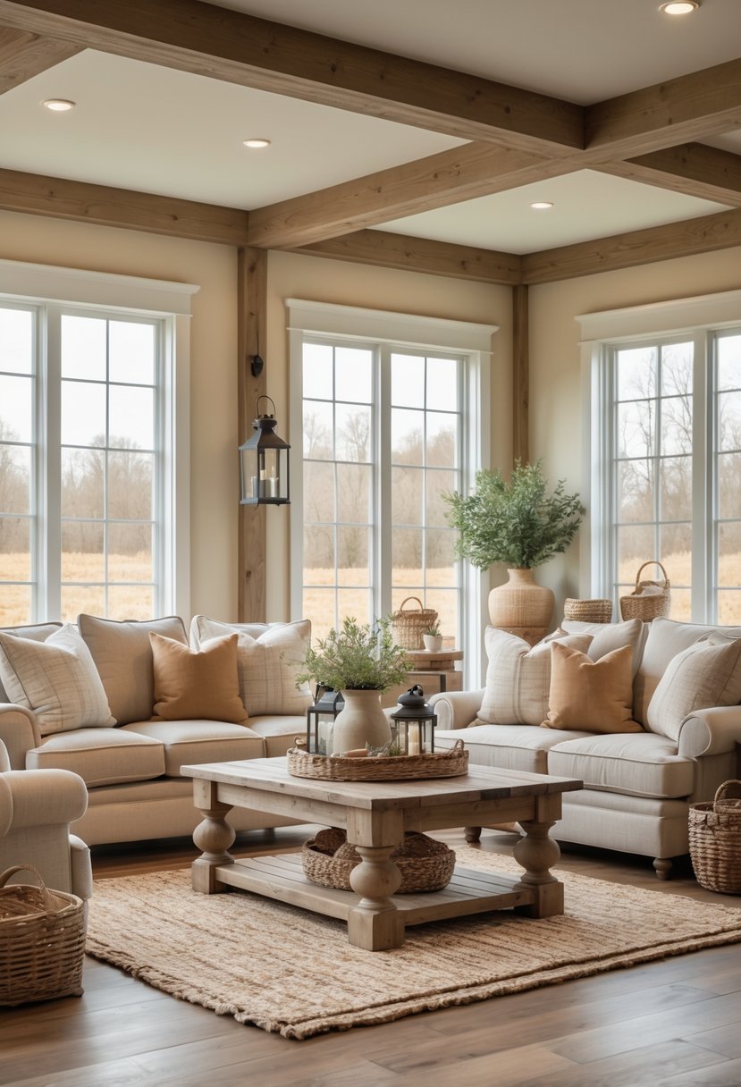 A farmhouse living room with neutral warm tones, featuring sofas, a wooden coffee table, large windows, and rustic decorative elements.