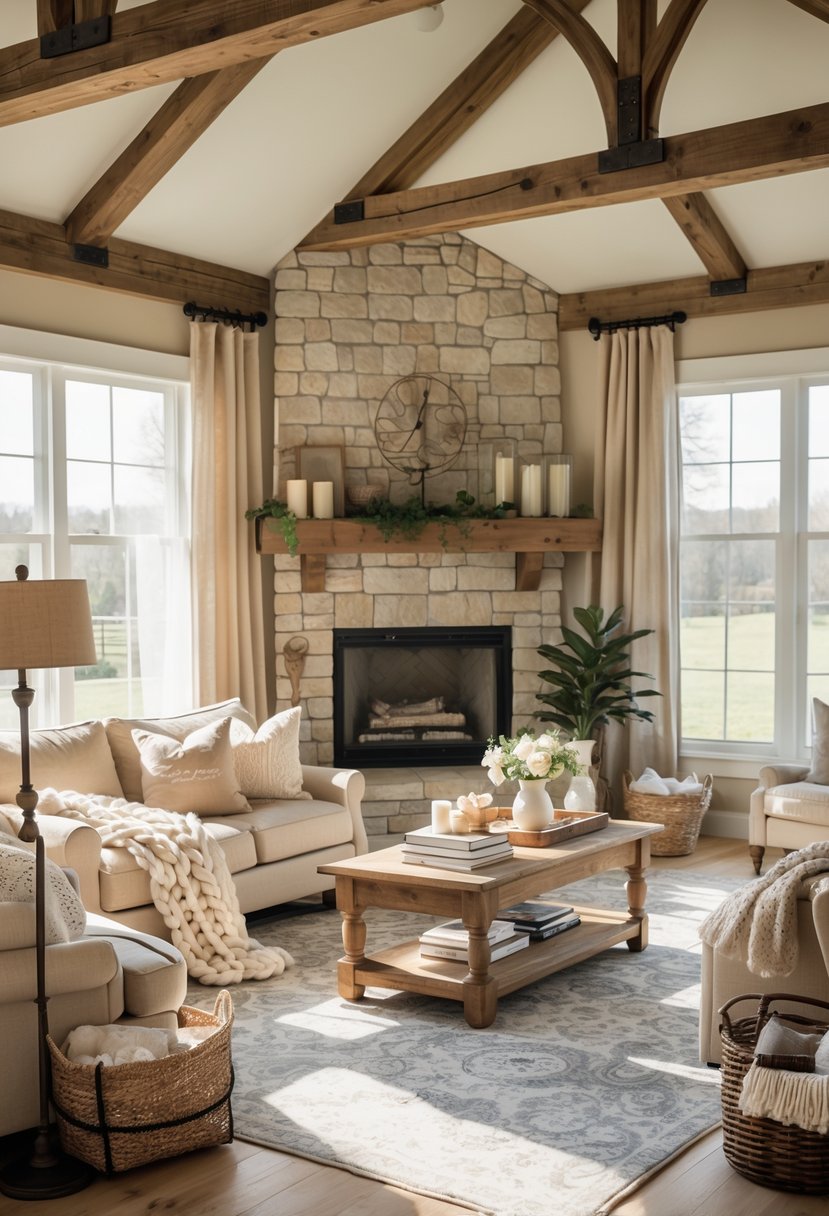 A cozy farmhouse living room with a beige sofa, stone fireplace, wooden beams, and natural sunlight streaming through large windows.