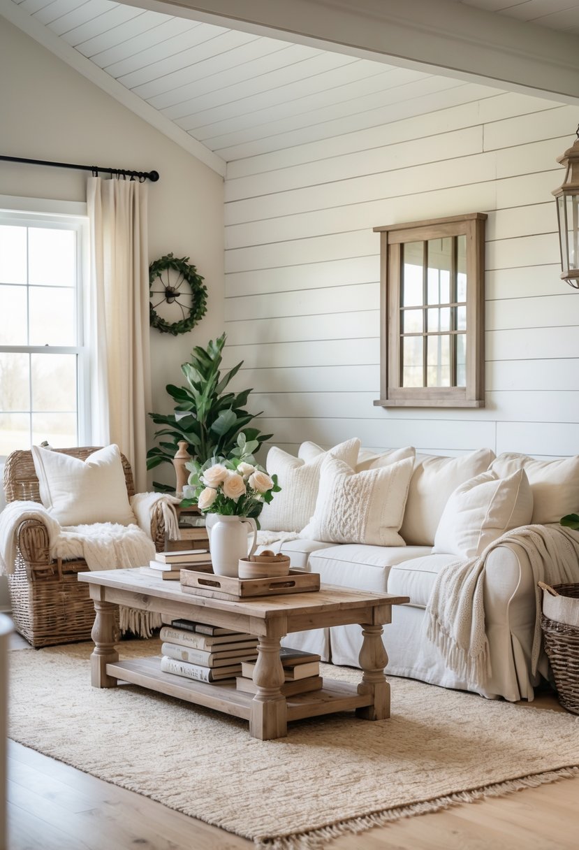 A bright living room with white shiplap walls, comfortable seating, a wooden coffee table, and decorative plants.