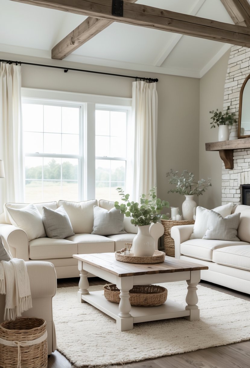 A cozy living room with cream sofas, a wooden coffee table, large windows, and soft natural lighting.